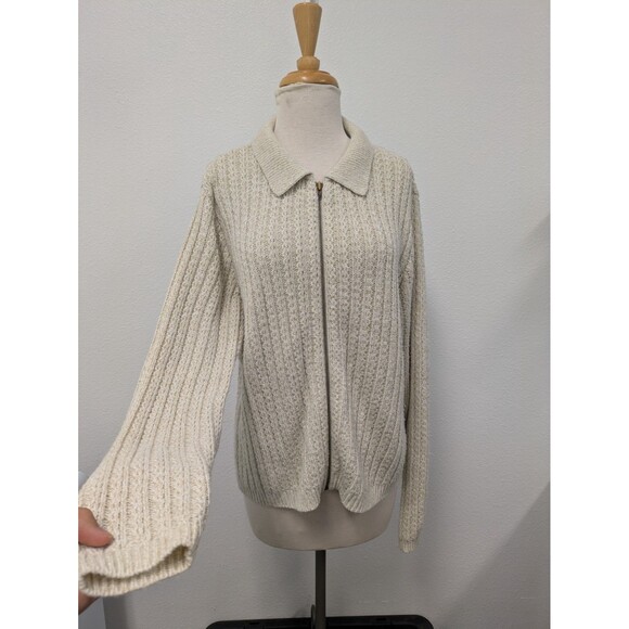 Vintage Jennifer Moore Ivory Open Knit Chunky Zip Up Sweater sz 8 Neutral Basic - Picture 2 of 10